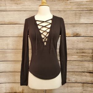 Free People Black Lace up Criss Cross V Neck top